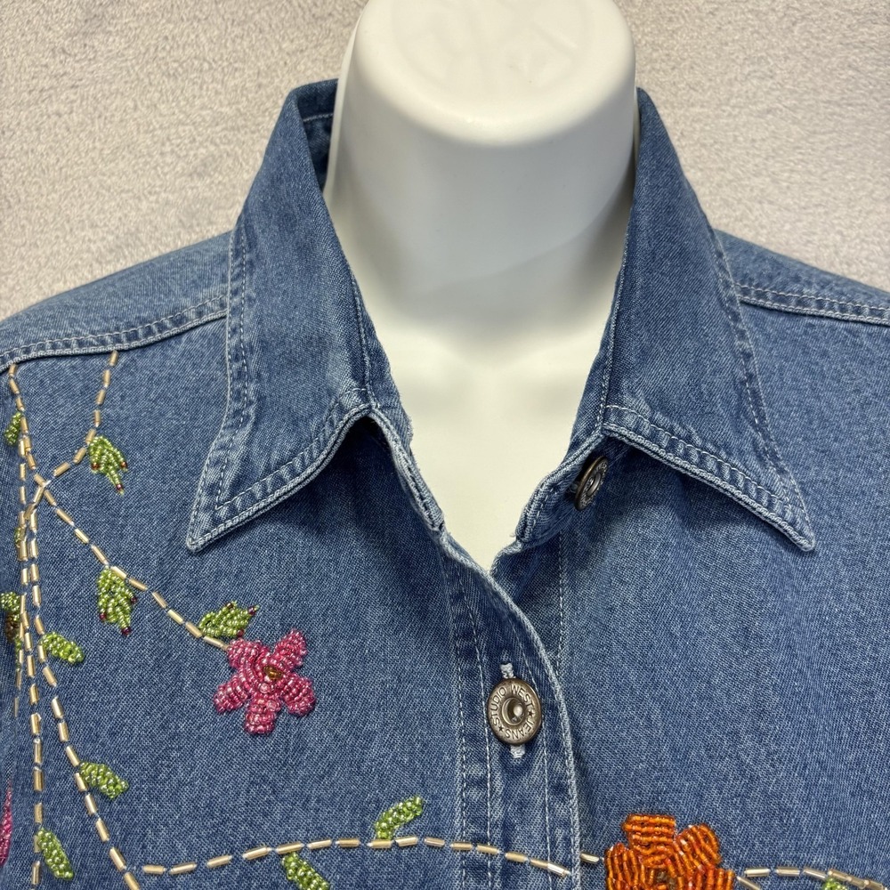 Vintage Studio West Beaded Floral Western Shirt Womens Medium Denim Embroidered - Picture 7 of 10